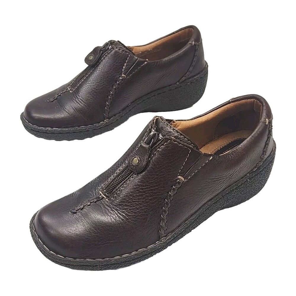 Clarks Artisan Loafer Shoes Brown Leather Zip 2.25" Wedge Heel Size 8 Women's